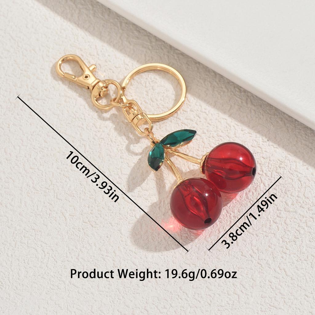 Sweet Cherry Keychain With Green Rhinestone Leaves Gold Color Keychain For Gift - Giving Occasions