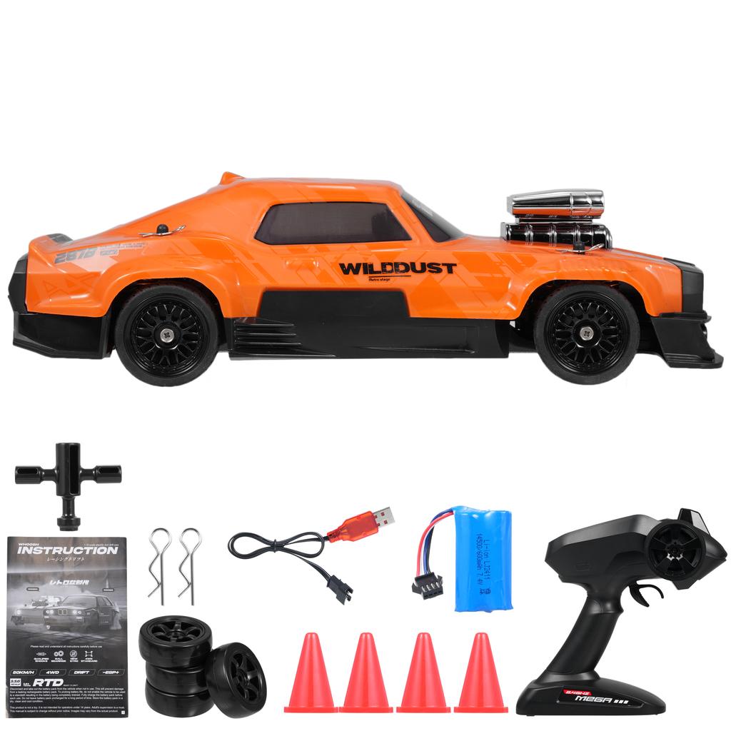 Remote Control Drift Car, 2.4GHz 1:16 Scale 4WD 50KM H High Speed Model Vehicle with Gyro, LED Lights Drifting Tires,