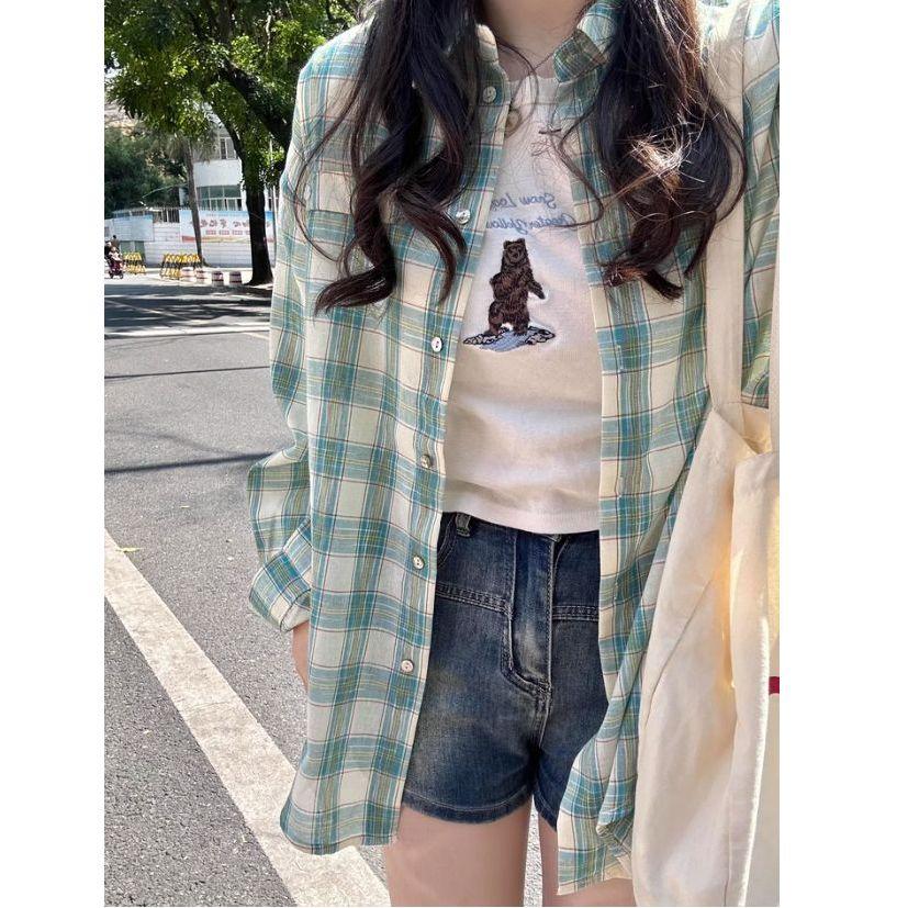 Korean Style Women's Plaid Blouse - Spring/Summer Casual Loose Fit with Sun Protection