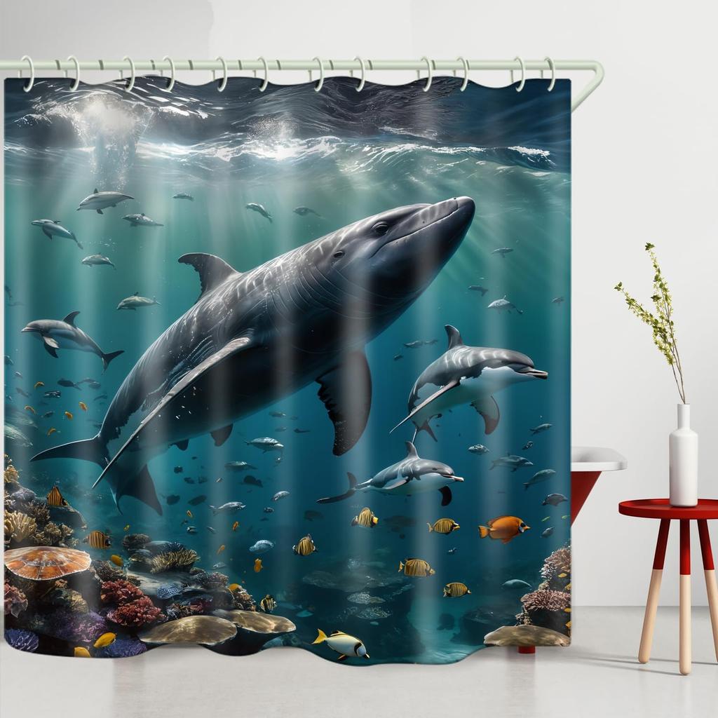 Bathroom Using Sea Bottom Big Fish 3D Shower Curtain, Luxury Bathtub Standard Shower Curtain, Waterproof and Bright Fabric Showe