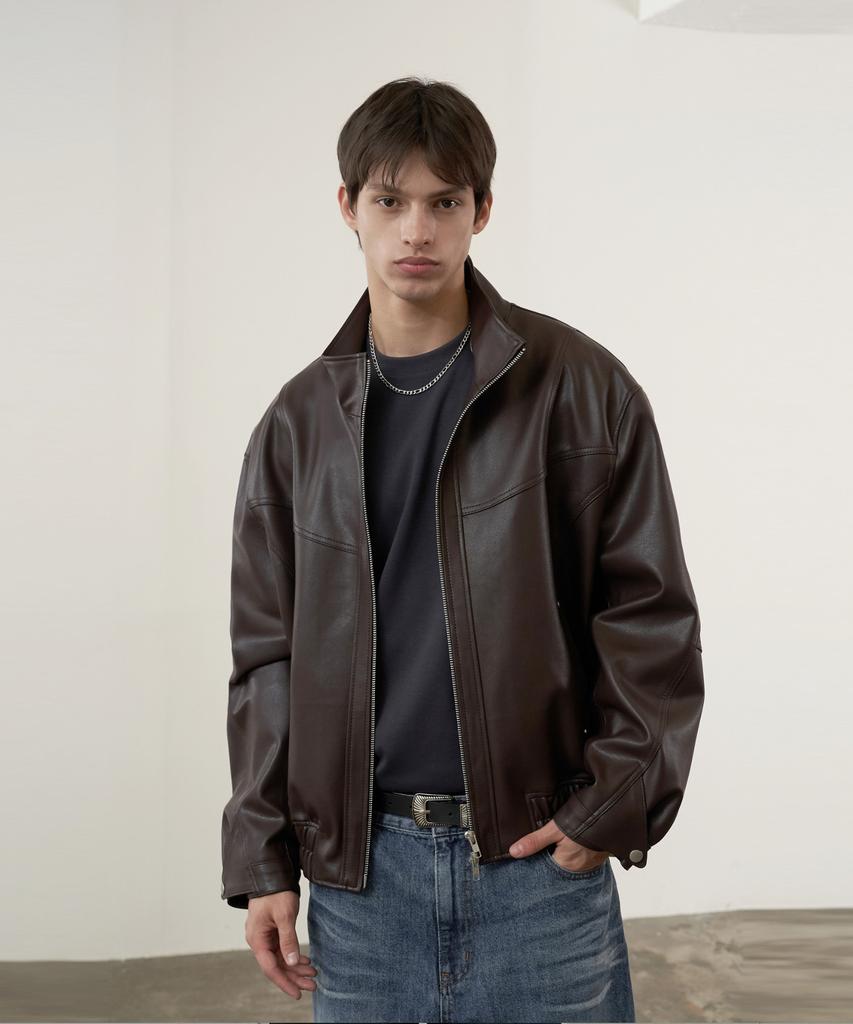 Sperone High-Neck Curved Leather Jacket (Brown)