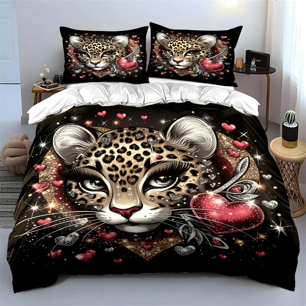Gorgeous Leopard Head Heart Bedding Set for Kids Luxury Gift 3pcs Digital Print Comforter Set Soft Comfortable Breathable