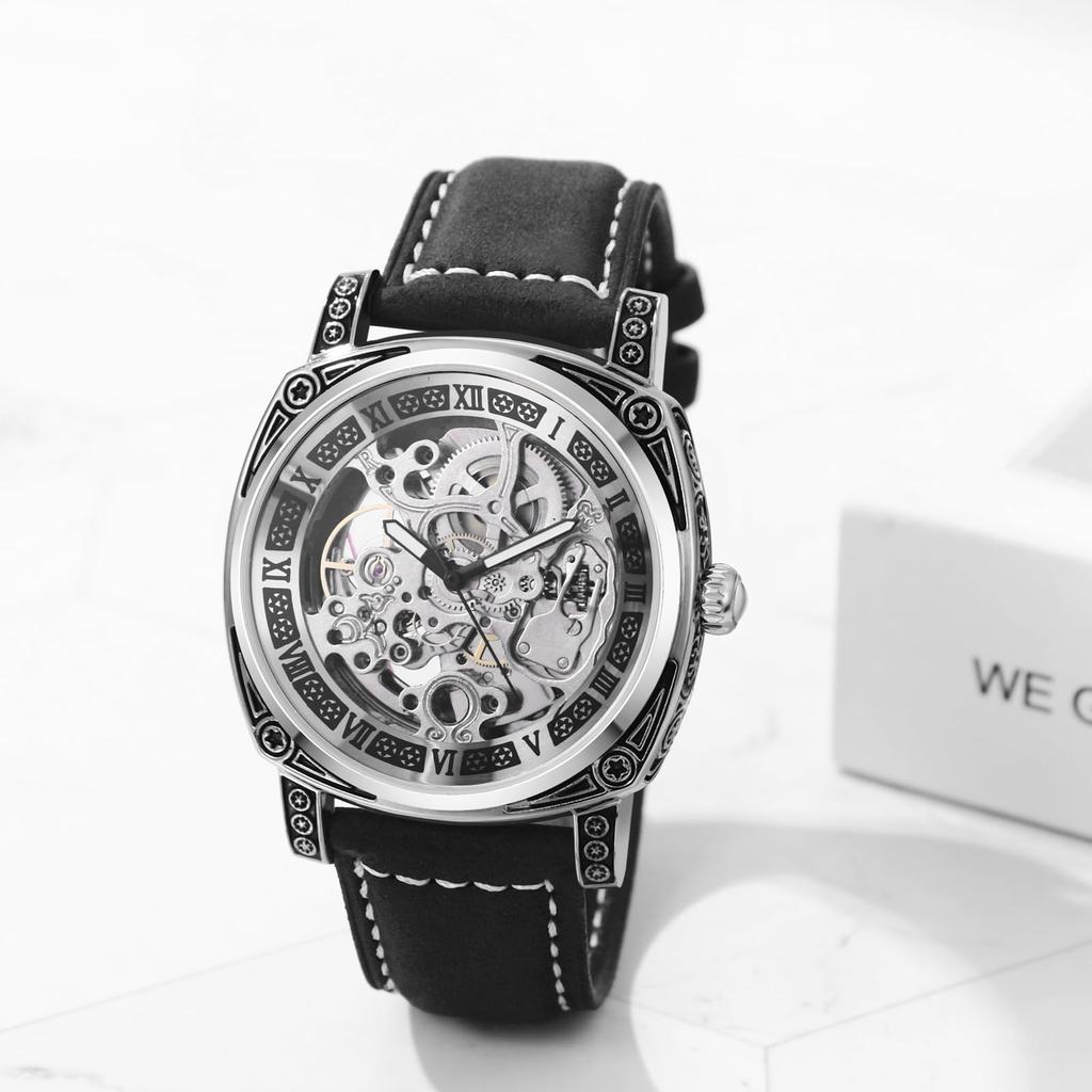 Men's Automatic Skeleton Watch with Genuine Leather Strap: Roman Numerals, Analog Display, 3ATM Water Resistance, Stylish Accessory for Leisure and