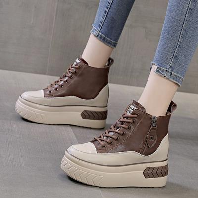 Board Shoes Cowhide Autumn New Muffin Single Shoes High Heel Thick Sole Inner Height Increase Casual High Top Shoes Short Boots Women's Shoes