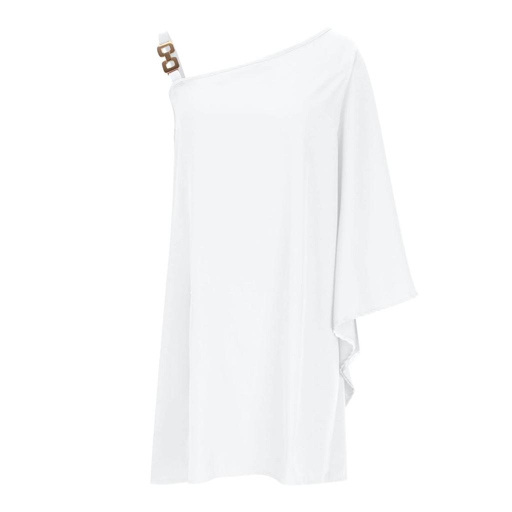 Women's Sexy Off-the-Shoulder One Strap Sloping Shoulder Solid Color Midi Dress