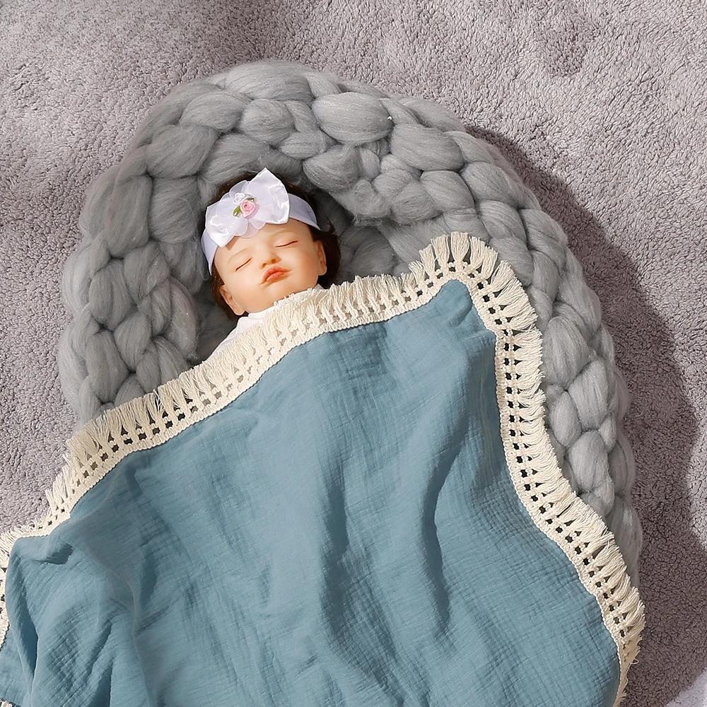Muslin Gauze Baby Swaddle Blanket With Tassel Fringe Soft Breathable Newborn Receiving Wrap Infant Bath Towel Stroller Cover Baby Bedding Accessories
