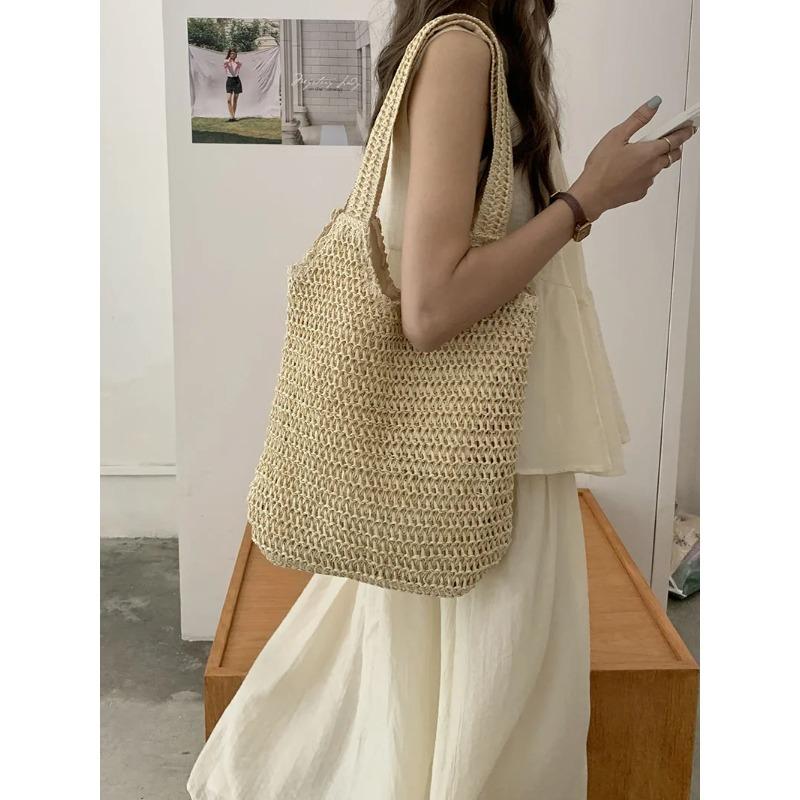 Summer Holiday Women's Straw Woven Shoulder Bags Large Capacity Female Seaside Beach Tote Bag Casual Portable Travel Handbags