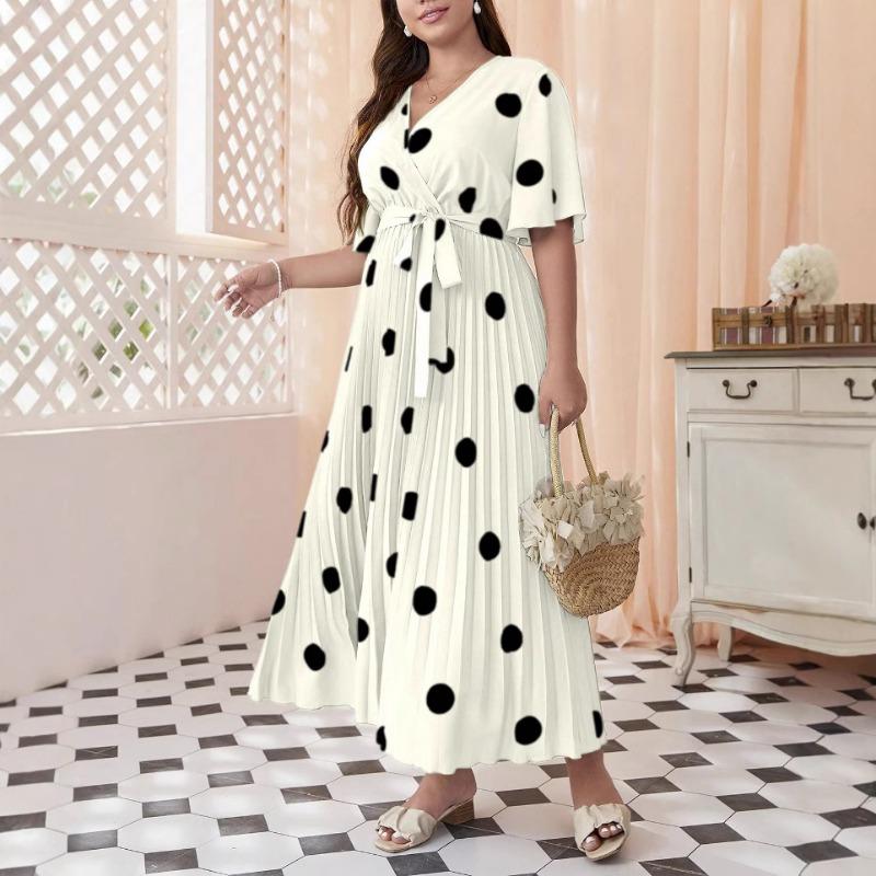 Plus Size Women's Summer New Polka Dot Simple Elastic Waist Printed Pleated Long Dress