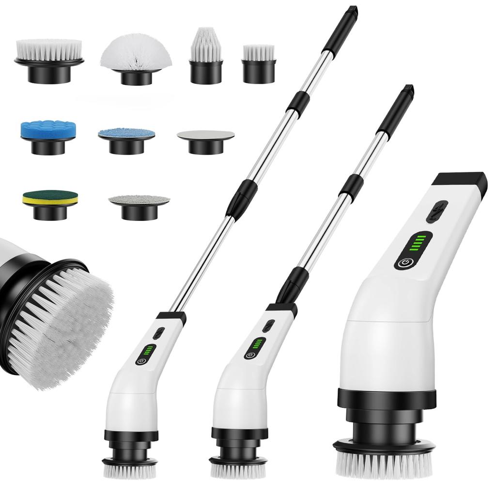 SWIMSNOW Bath Cleaning Deck Brush 9 Brush Heads for a Wide Range of Electric Cleaning Rechargeable IPX5 for Bathtub Toilet Kitchen Entryway and Car
