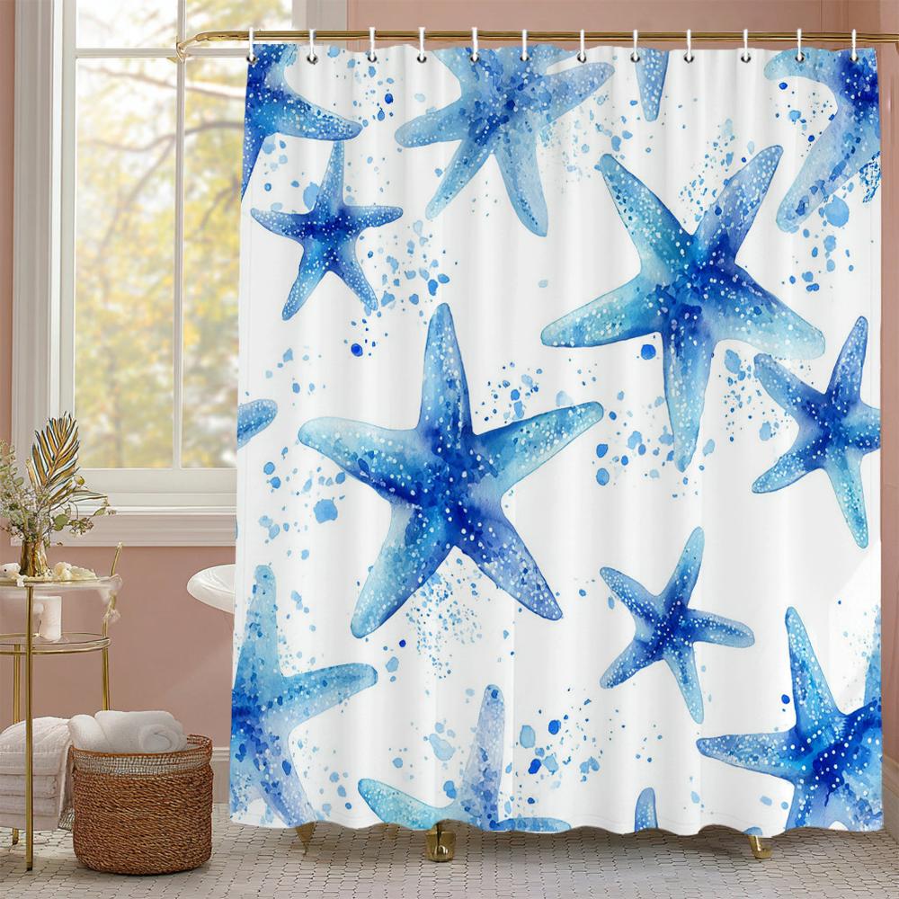 

Modern watercolour Shell Textured Ocean Blue Shower Curtain, Bathroom Decorative Shower Curtain, Printed fabric with Hooks 90x180cm-35x70in