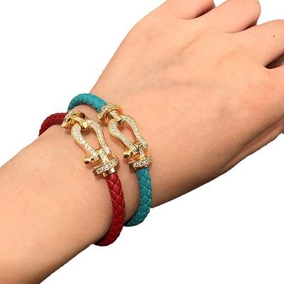 Zirkonová podkovová spona kožený pletený náramek módní atmosféra náramek ins výklenkový design šperky