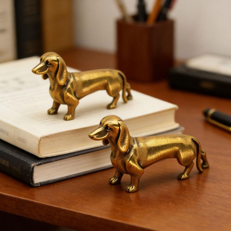 Pack of 2 Solid Brasses Gold Dachshund Miniature Figurine Decoration Animal Sculpture For Home Office Desktop Decors Gift