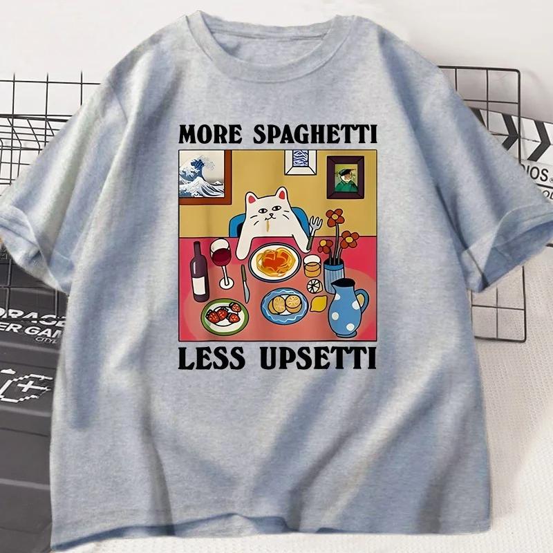 

More Spaghetti Less Upsetti Funny Cat T-Shirt Women Printed Harajuku Round Neck Short Sleeve Cat Lover Women T-Shirt Clothing XL