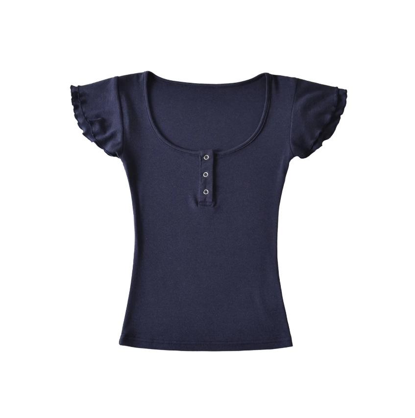 U-neck short-sleeved T-shirt women's summer new Spice Girl style solid color slim-fitting and thin short hidden button bottoming shirt top