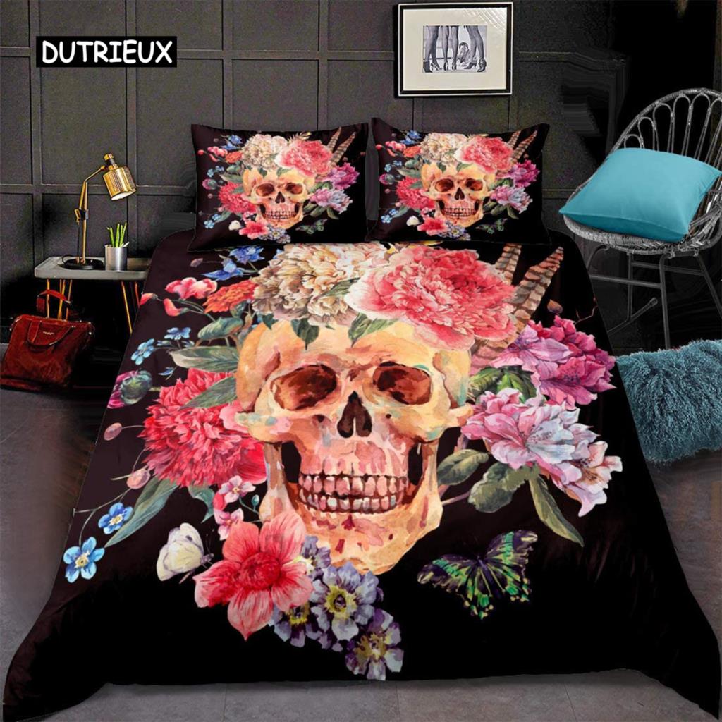Sugar Skull Duvet Cover Set 3D Printed Gothic Bedding Soft Comforter with Zipper 2 Pillow Shams