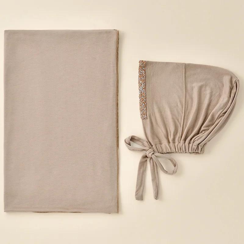 2pcs Muslim Modal Jersey Scarf Hijab With Diamond Adjustable Inner Caps Soft Woman Muslim Hijabs Women Fashion Accessories Set