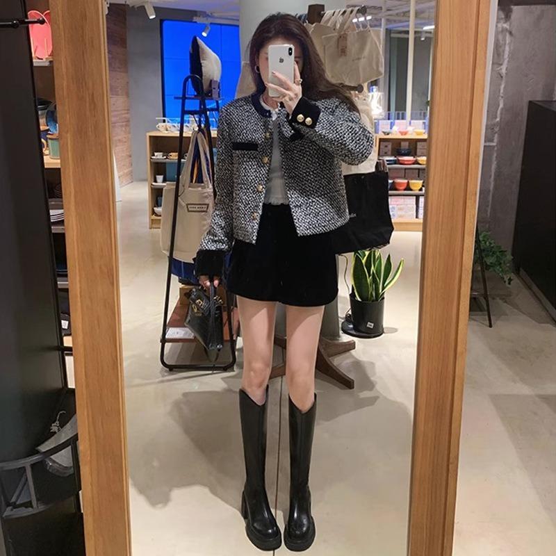 Black V-mouth Women's Long Boots Round Head 7CM Square Heel Heightening Knee-High Boots Fashion Sewing Rear Zipper Women Shoes