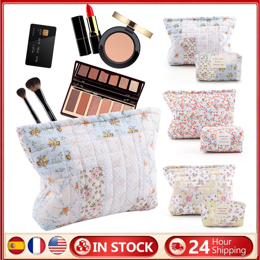2Pcs Quilted Makeup Bag Travel Toiletry Bag Cute Makeup Organizer Bag Soft Skincare Holder Bag Padded Makeup Storage Bag