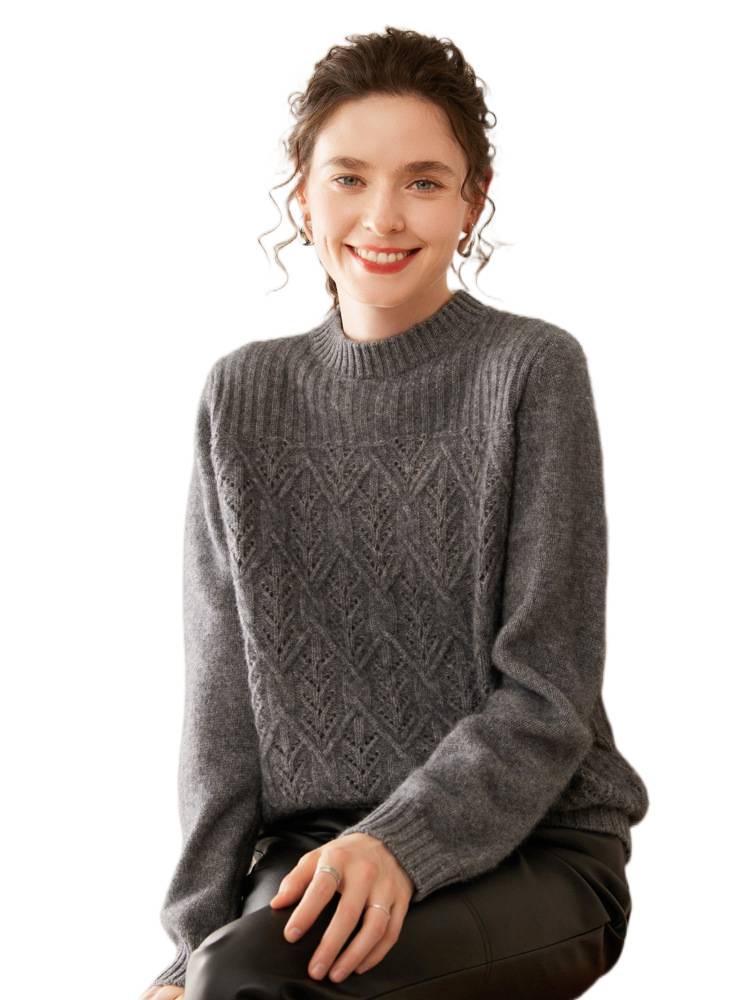 Women's 2025 Autumn/Winter Cashmere Sweater: Half-High Collar, Thick Knitwear, Hollow-Out Design