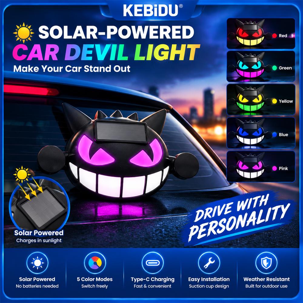 Kebidu Solar‑Powered Car Devil Light, RGB LED Decor Lamp, Type‑C Rechargeable Suction Cup Car Window Ornament Light