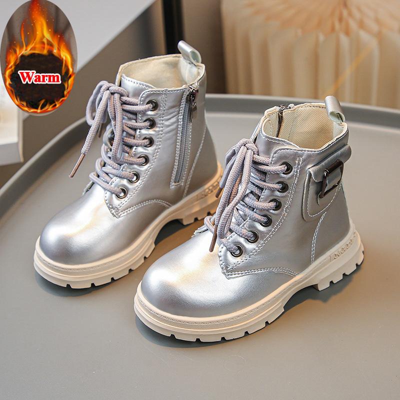 Autumn Winter Children Leather Boots Girls Silver High-top Boots Princess Side Buckle Design Leather Shoes Kids Warm Cotton Boot
