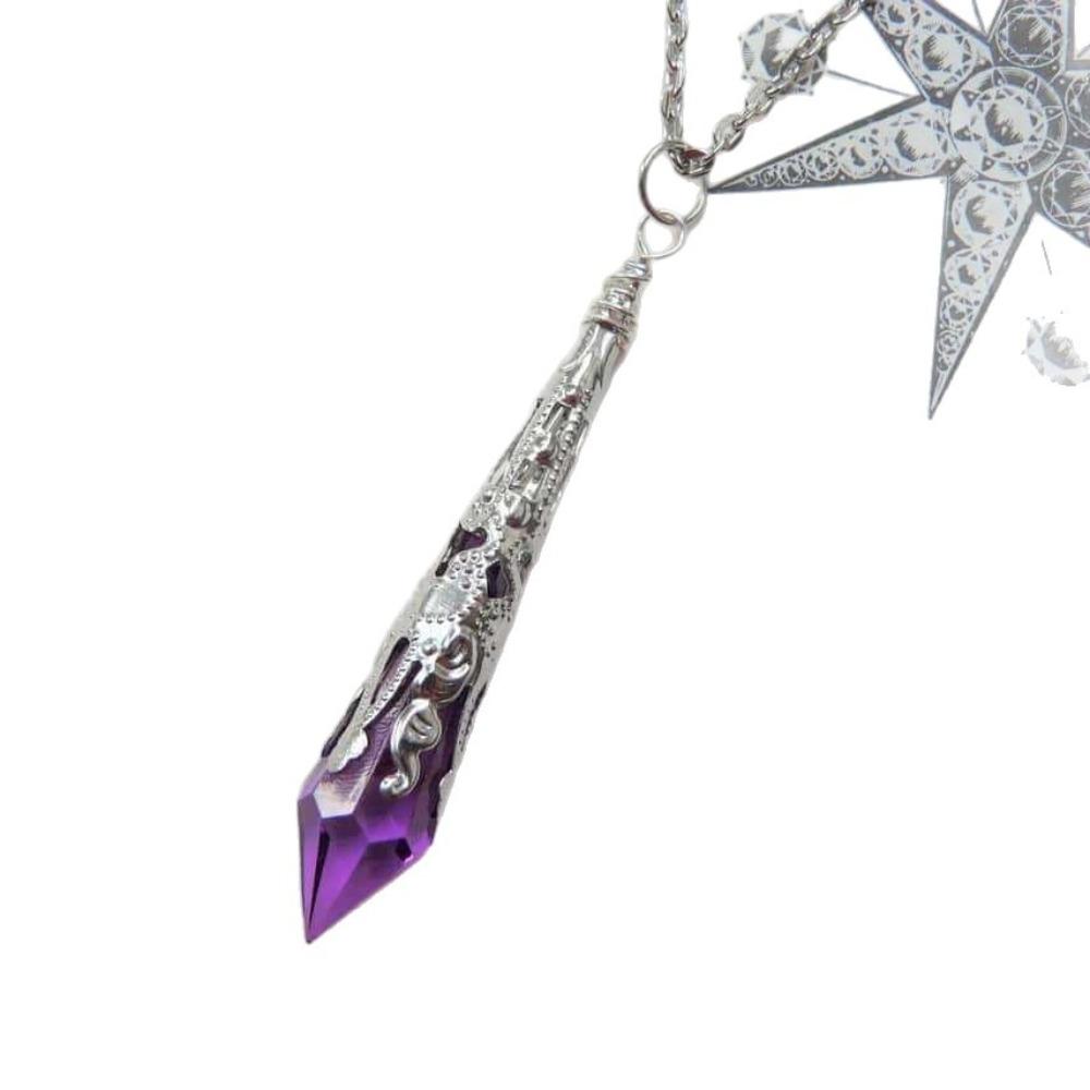 Temperament Goth Sliver Color Carving Teardrop-shaped Purple Crystal Pendant Necklace for Women Halloween Party Witch Jewelry