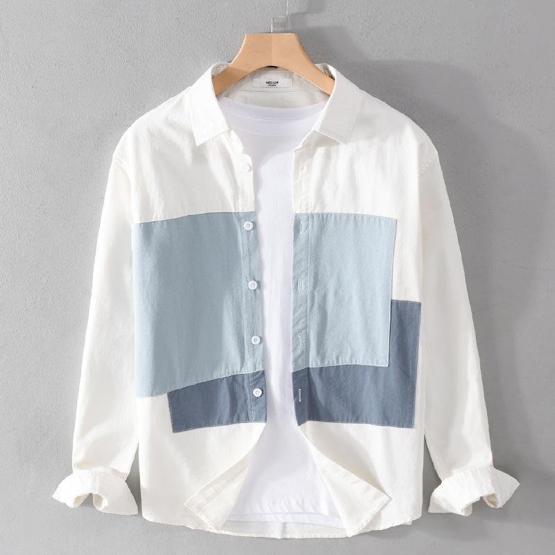 Korean Style Long Sleeve Men Shirt Lapel Collar Stitching Design Shirts Youth Pure Cotton Casual Shirt Comfortabl Men Tops Slim Fit