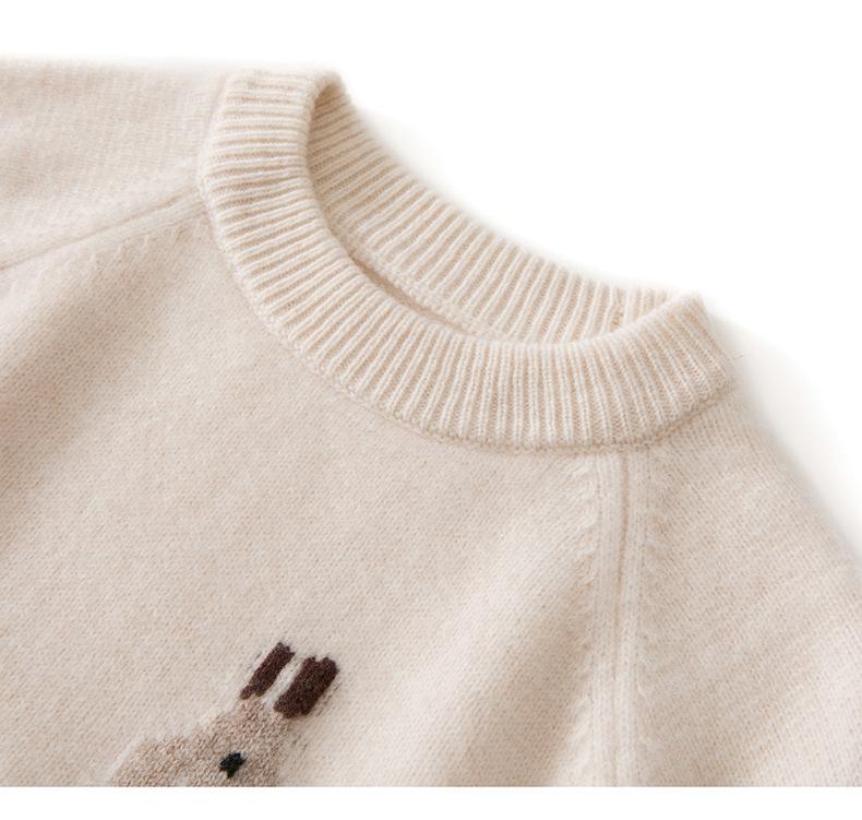 Autumn/Winter Unisex Kids' Pure Wool Round Neck Pullover with Cartoon Animal Embroidery