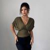 Women Solid Deep V Neck Short Sleeve Cinched Waist Sexy Casual Fitted Top