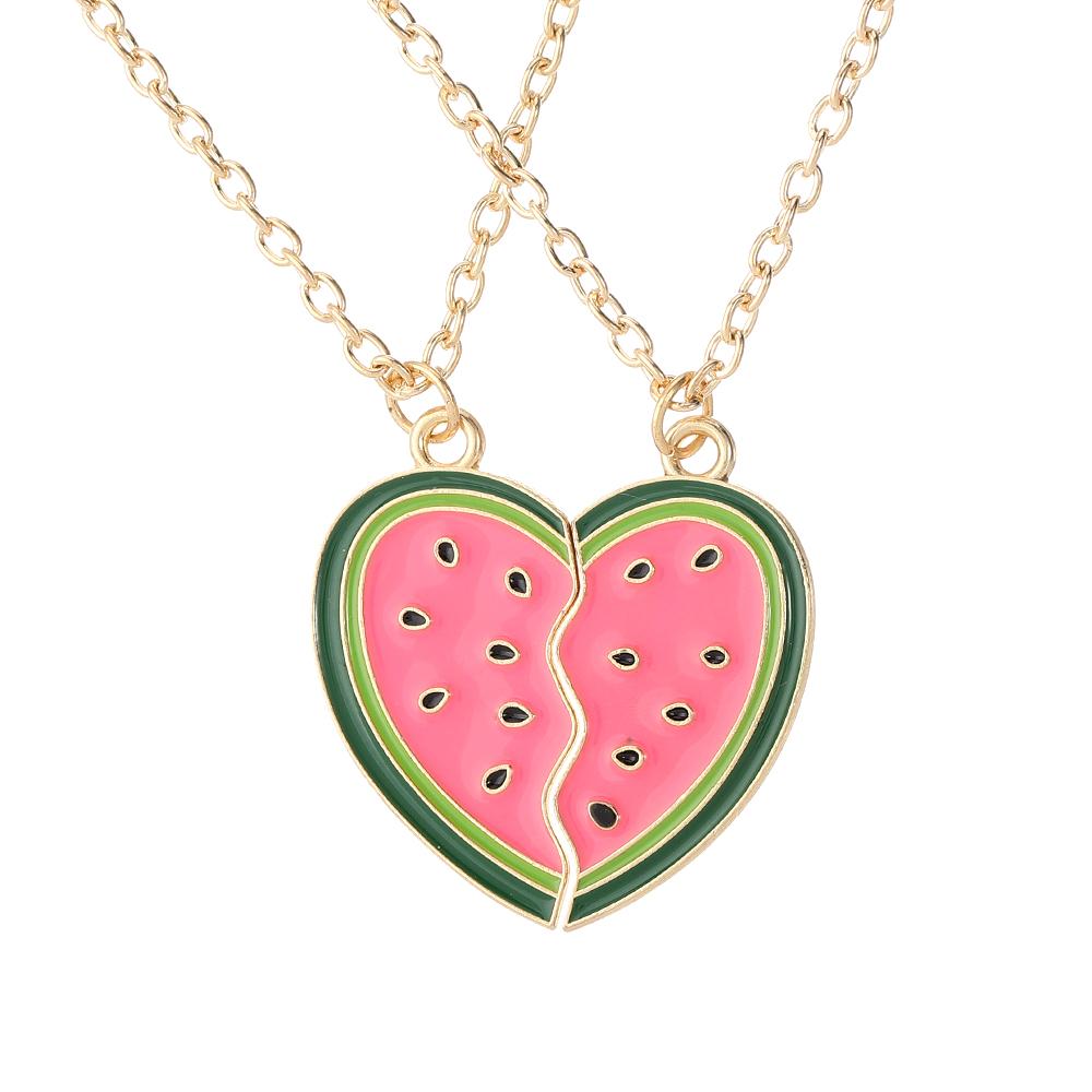 2 Stück/Set Süßes Sommer-Wassermelonen-Muster Herz-Puzzle Beste Freunde Halskette BFF Schmuck Für Frauen Mädchen Freundschaftsgeschenk