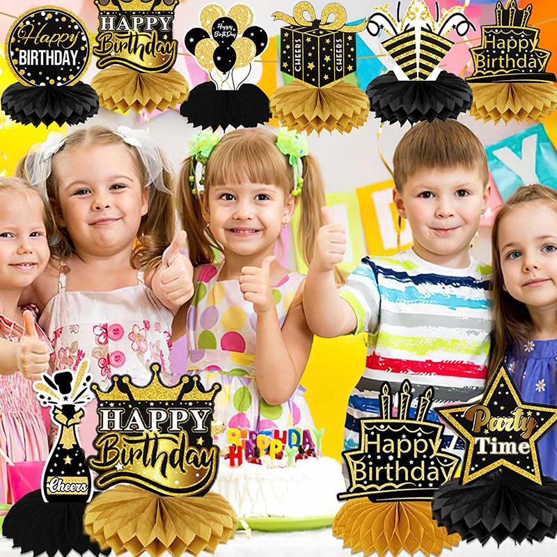9 Pcs Happy Birthday Party Table Decorations | Black And Gold Birthday Center Pieces For Table | Honeycomb Table Centerpieces