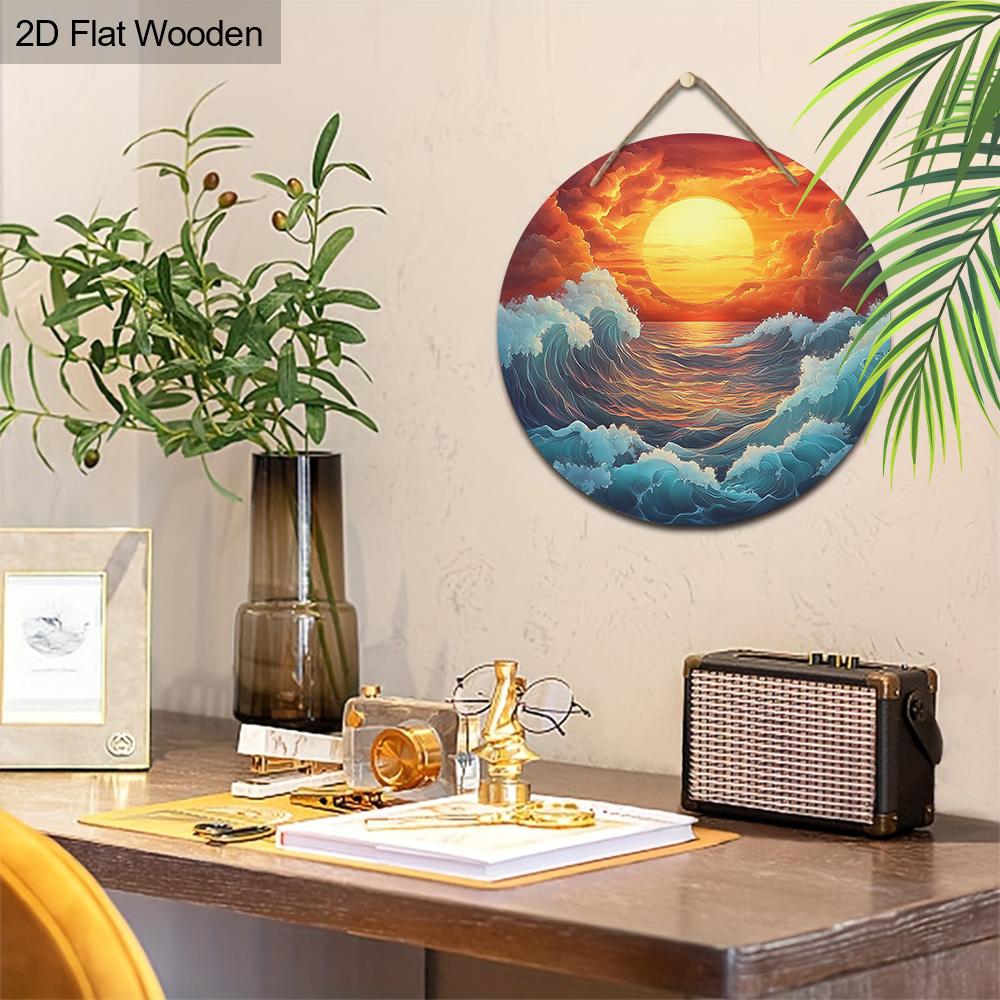 Sunset Ocean Waves Round Wooden Hanging Sign, 2D Flat Printed Seascape Wall Door Ornament, Coastal Home Decor Gift