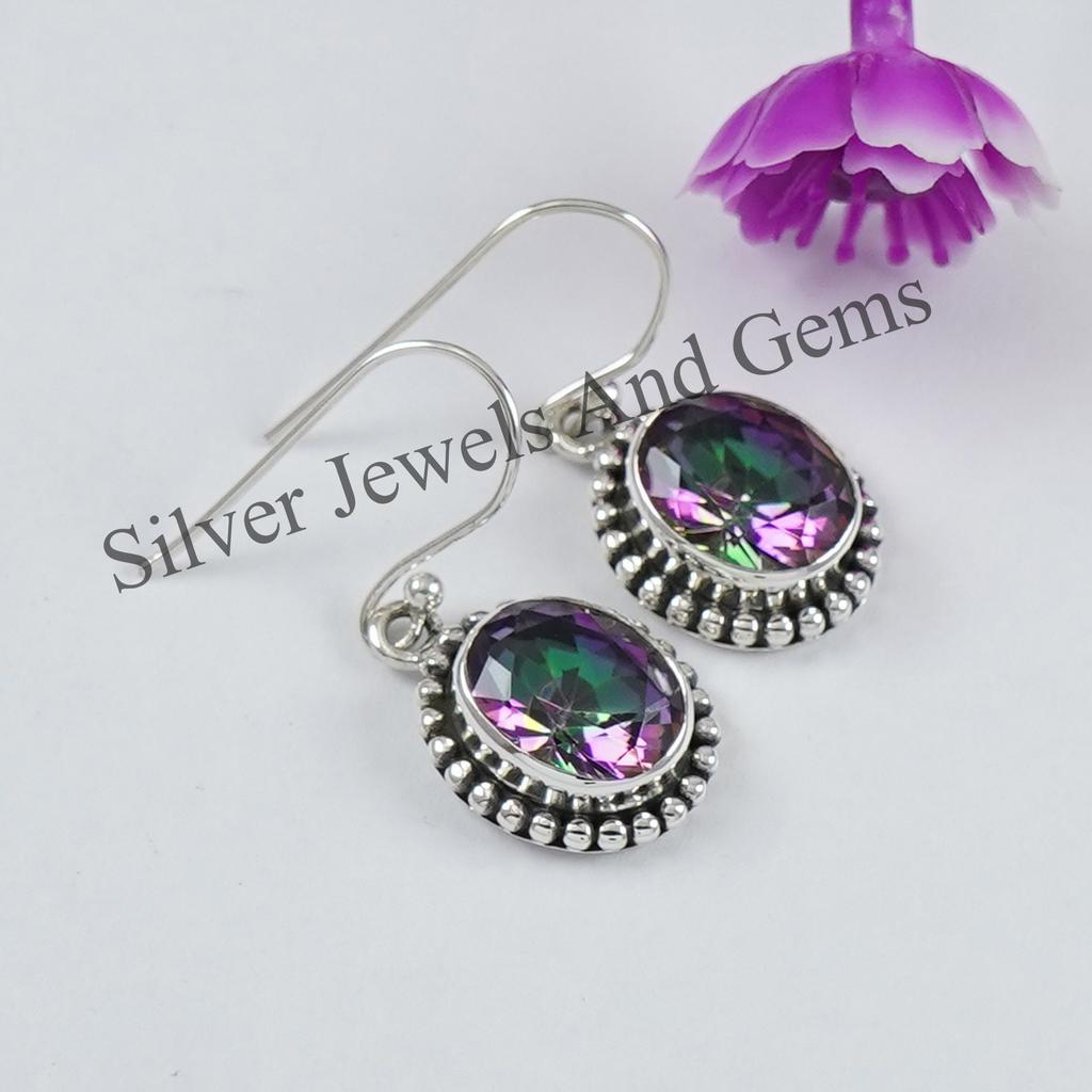 Oval Mystic Topaz Earrings, Boho Earring, 925 Sterling Silver Handmade Earrings, Designer Earring, Gift for Her, Crystal Earrings