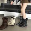 French Small Short Boots Women's Shoes 2025 New Spring and Autumn Season Square Head High Heel Thin Boots Single Boots Brown Martin Boots