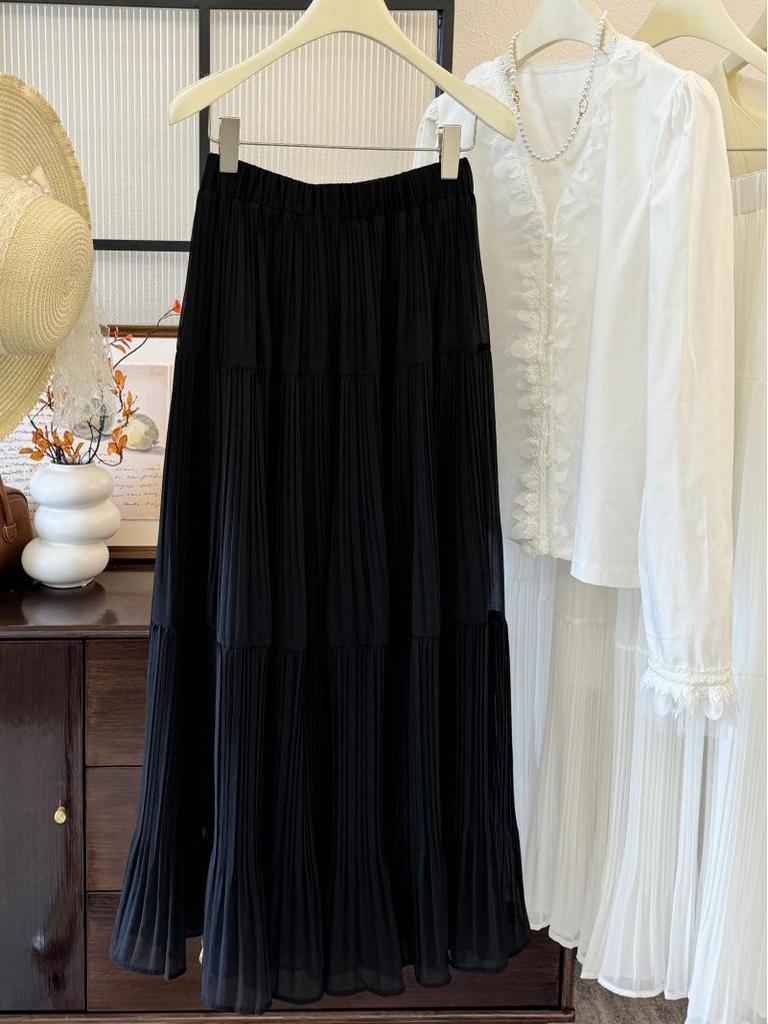 French Retro Elegant High-Waist Chiffon Midi Skirt