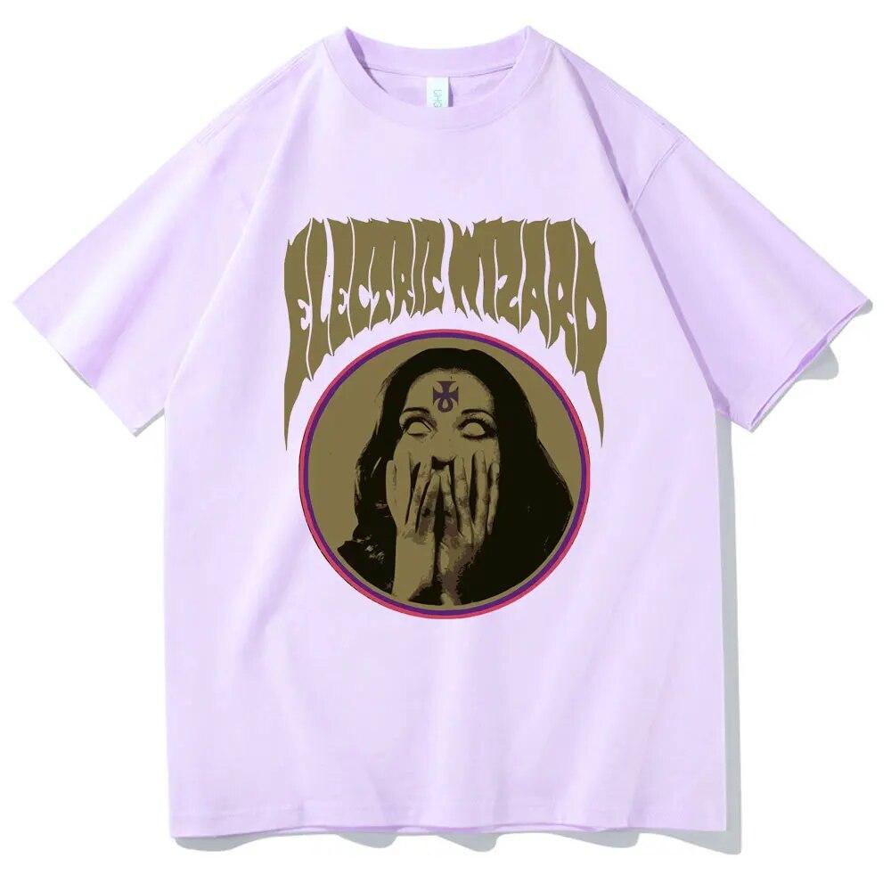 Elektryczny czarodziej opętany T-shirt z nadrukiem unisex kobiety rockowa koszulka z czystej bawełny okrągły dekolt w stylu casual, czarny t-shirty unisex czarny streetwear