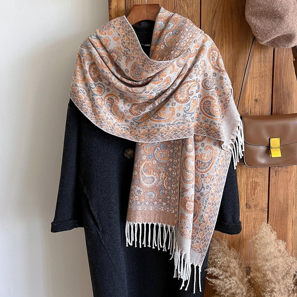 Winter Women'S Thick Pashmina Shawl Paisley Design National Style Warm Long Tassel Scarf Poncho Stoles For Cold Weather