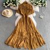 French gentle wind blue stand-up collar dress dress women's summer lace splicing waist thin ruffle edge dress