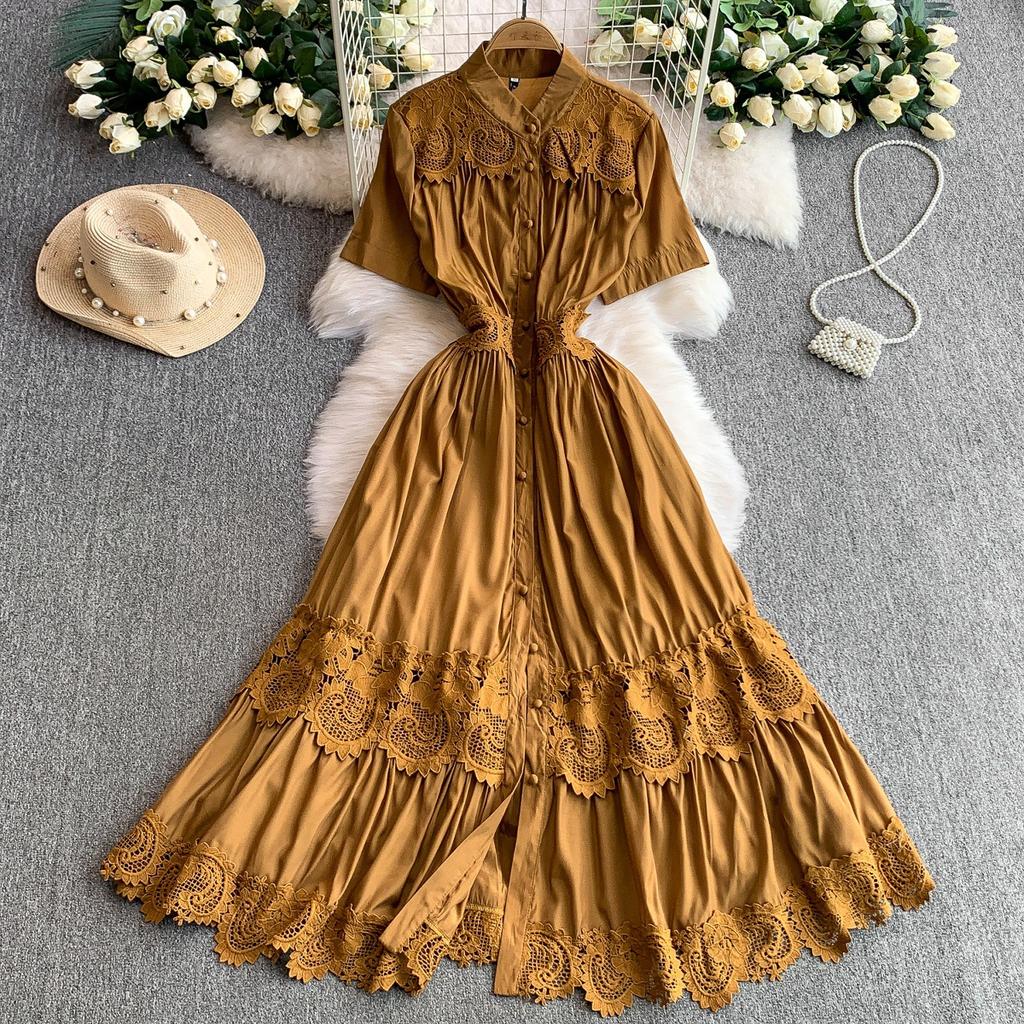 French gentle wind blue stand-up collar dress dress women's summer lace splicing waist thin ruffle edge dress