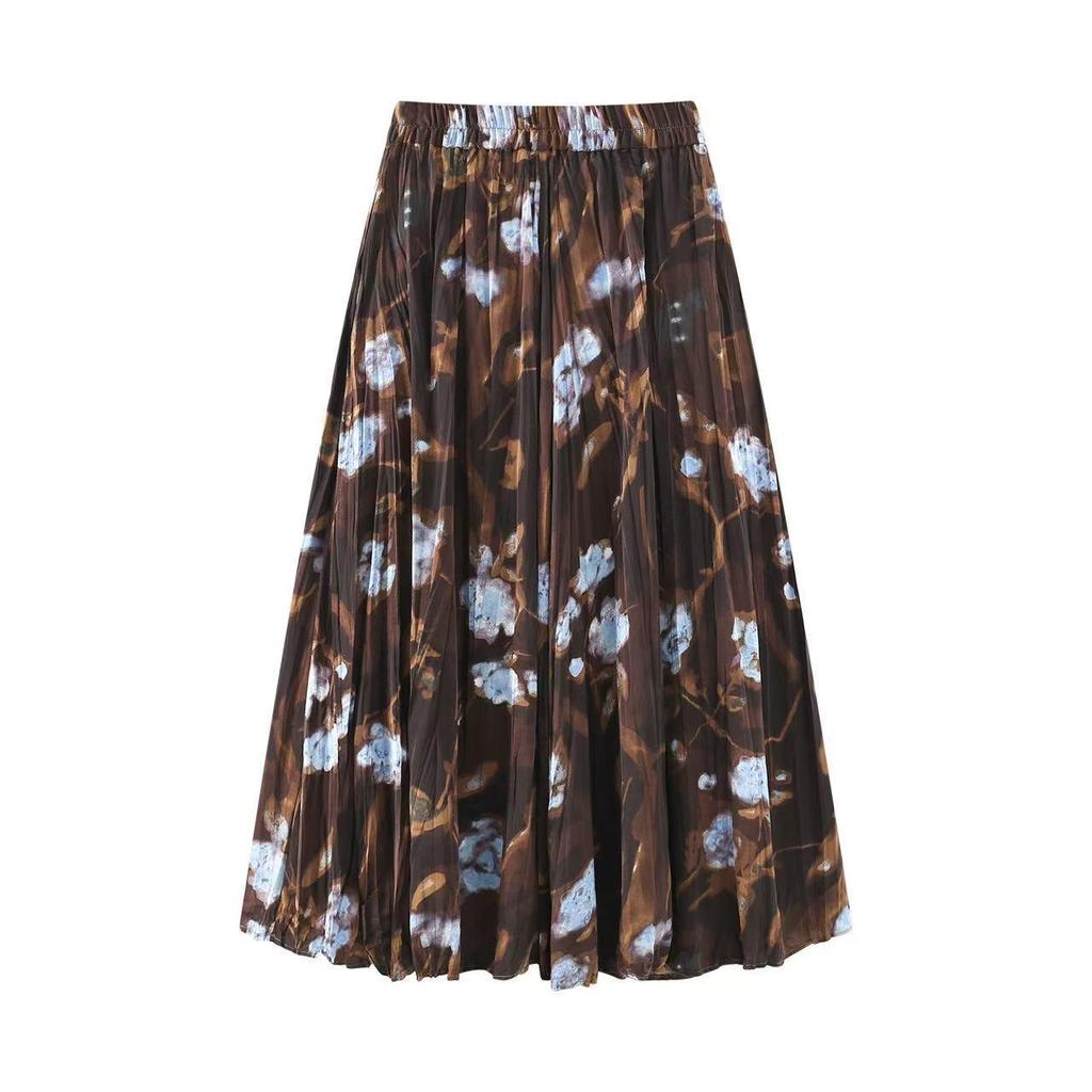 2026 Spring Retro High-Waisted Pleated A-Line Long Skirt Drape Flare Skirt