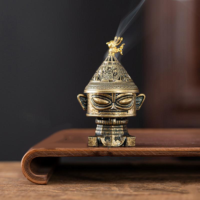 Ancient Sanxingdui Style Incense Burner,Mini Retro Metal Censer for Stick & Cone Incense,Decorative Home Aromatherapy Holder