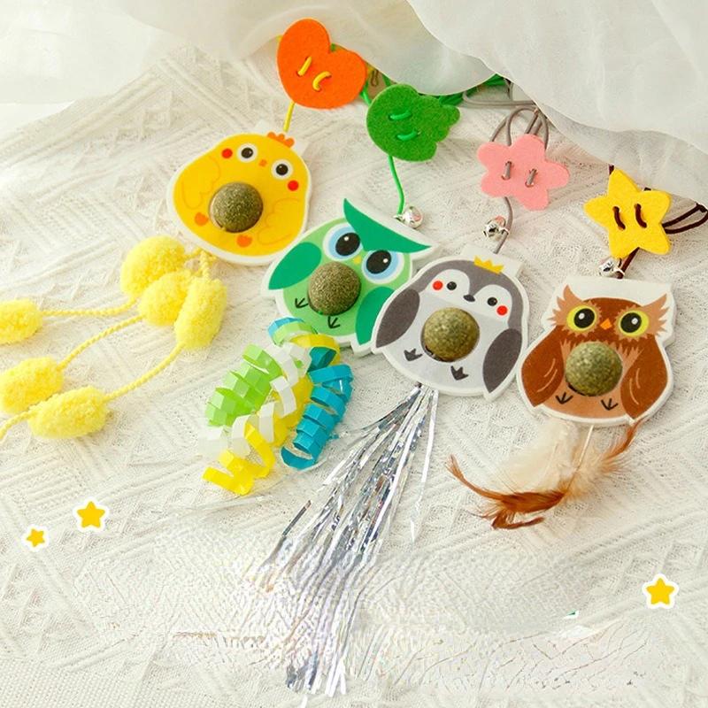 Cartoon Cat Toys Hanging Door Style Elastic Rope Feather Amusing Cat Stick Catnip Toys Interactive Boredom Relief Pet Supplies