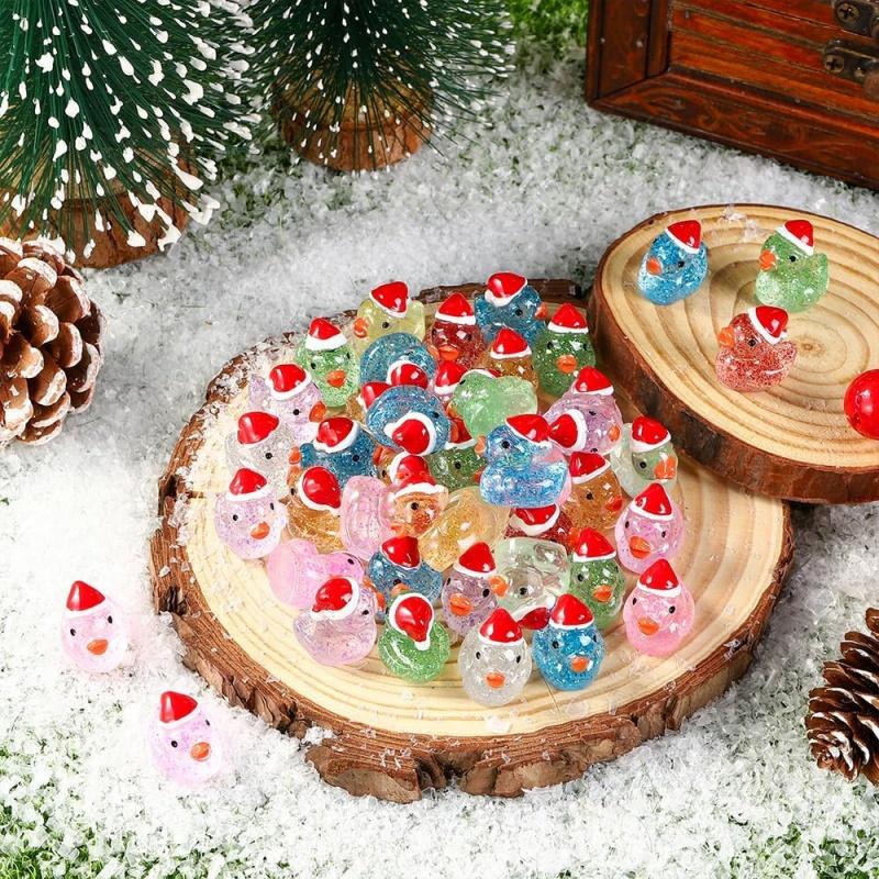 10/50 PCS Christmas Mini Glitter Ducks Colorful Tiny Small Little Resin Duck Figures with Christmas Hat for Landscape Home Decor