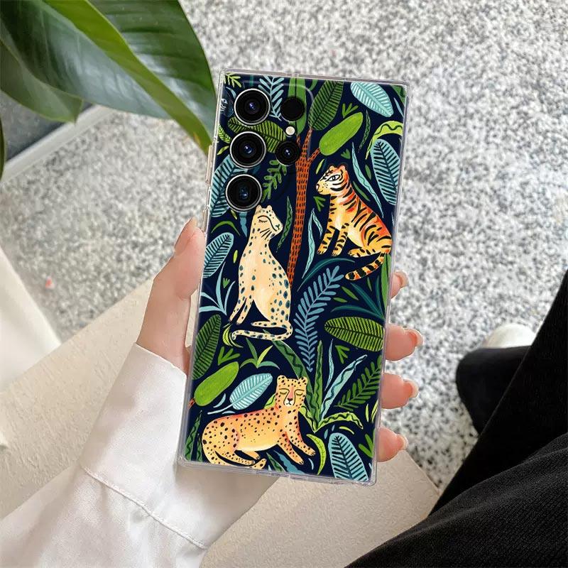 Tropical Jungle Print Leopard Sloth Rainforest Cat Phone Case For Samsung Galaxy S24 S23 Ultra S22 S20 Plus S21 FE Clear Fundas