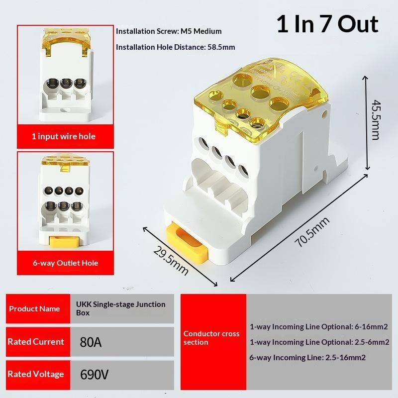 Ukk Din Rail Terminal Block Power Distribution Box 80A 1 In 7 Out Terminal Block Electrical Wire Junction Box
