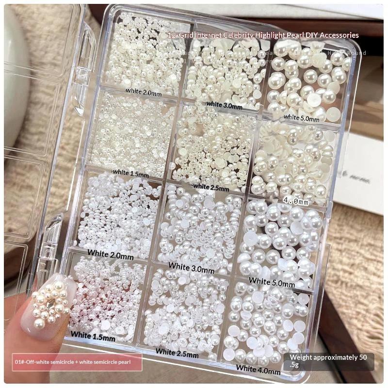 

New 12 Grids Mixed Pearl Nail Art Decorations Flat Bottom Nail Charms 3D DIY Nail Art Rhinestones Manicure Accessory