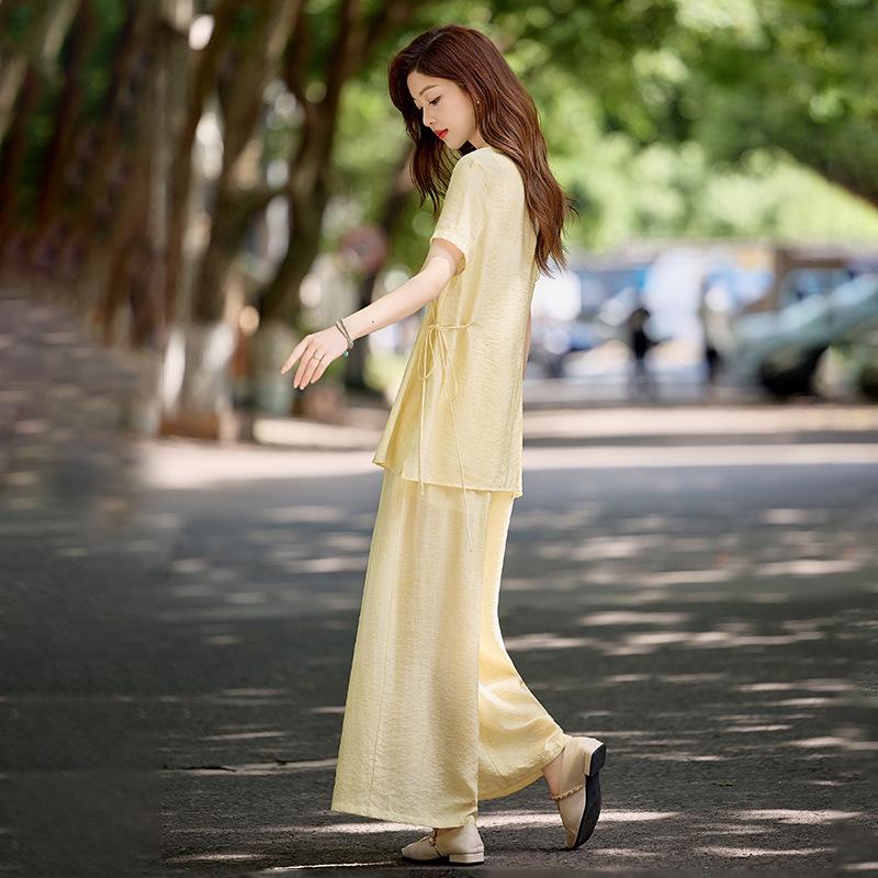 Summer new new Chinese style with suspenders top wide-leg pants two-piece set women's summer thin fashion casual women's clothing set