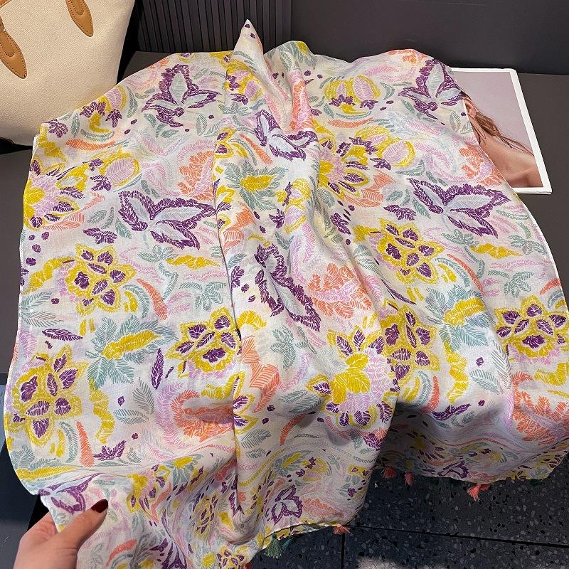 Colorful Floral Scarf for Women In Spring and Summer Versatile Tulle Scarf Sunshade Cotton Linen Scarf Seaside Desert Sun Protection Shawl