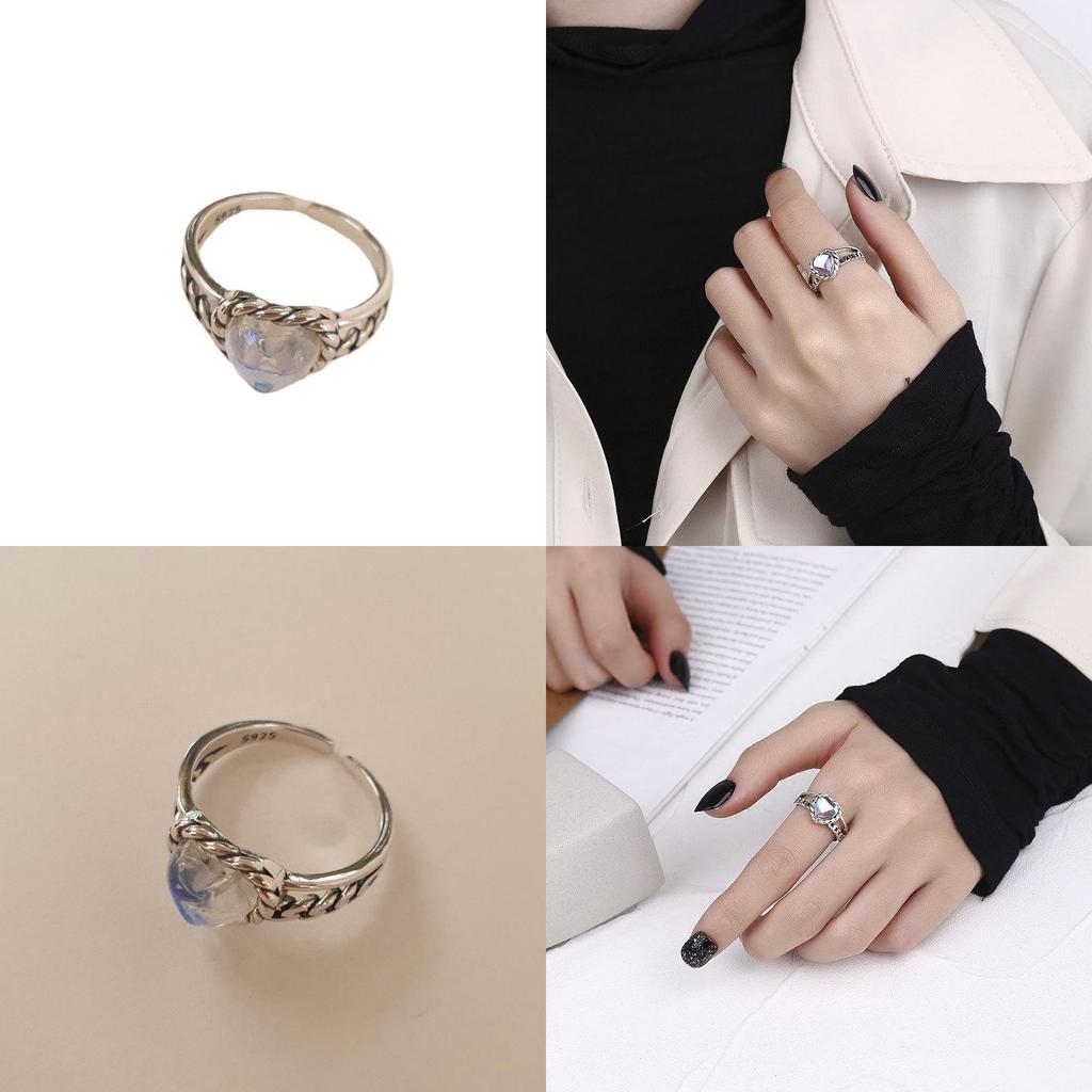 Elegant S925 Silver Double Layer Heart Moonstone Woven Ring For Trendy Girls