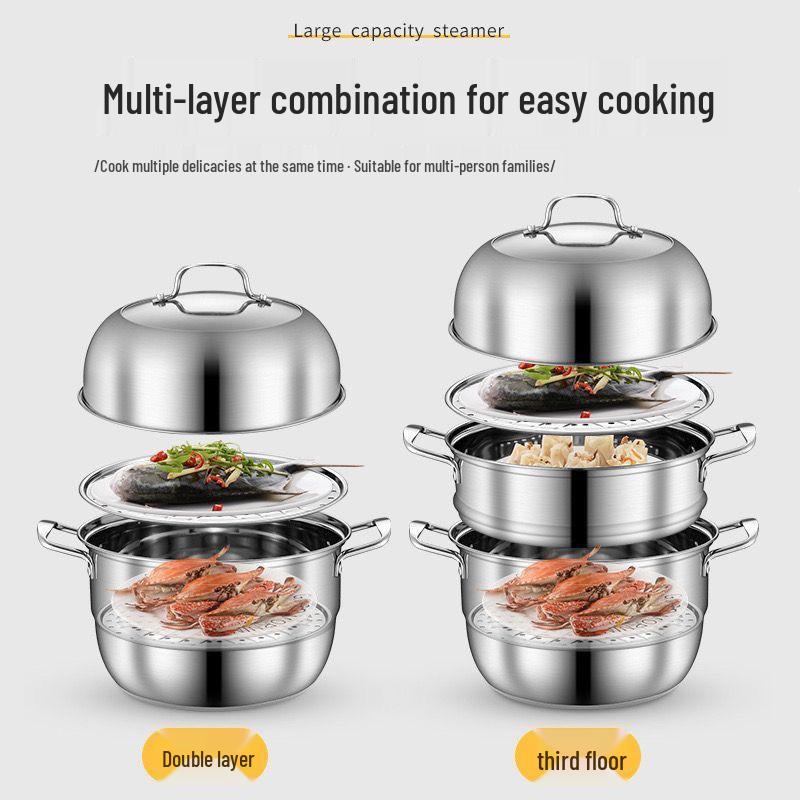 Stainless Steel Extra Thick Two/Three-Layer Steamer Pot with Large Capacity for Induction & Gas Stoves